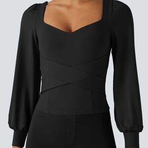 HALARA Black Long Sleeve Sweetheart Wrap Top